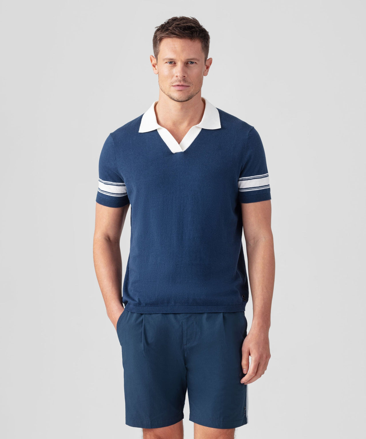 RON DORFF COTTON-LINEN V-NECK POLO - 2 COLORS