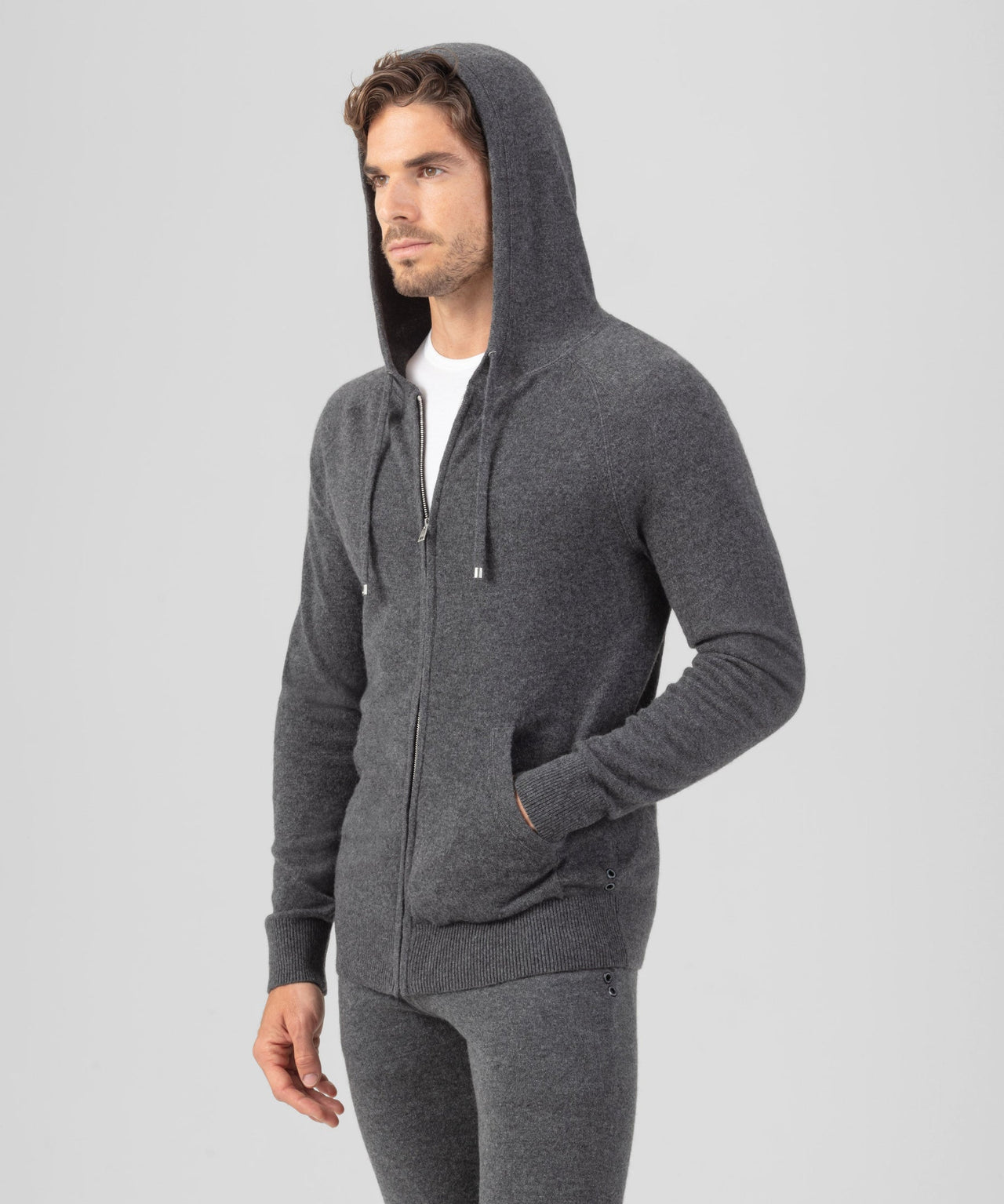 RON DORFF CASHMERE ZIPPED HOODIE - DARK GREY MELANGE