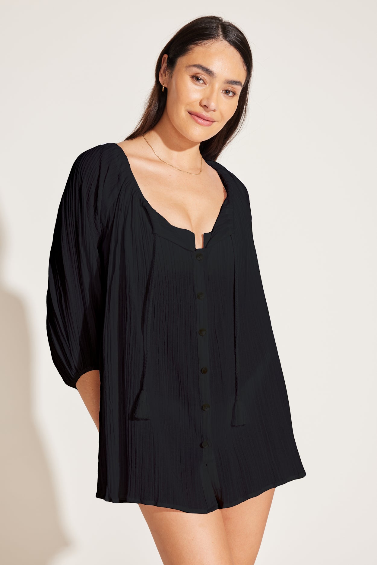 VITAMIN A COSTA SHIRT DRESS - BLACK ORGANIC CRINKLE COTTON