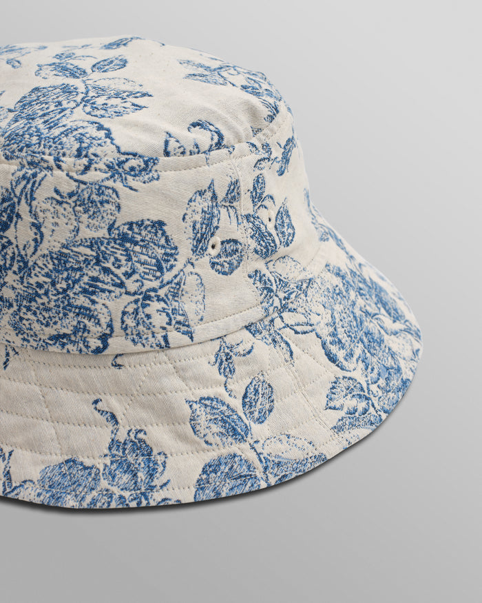 WAX LONDON BUCKET HAT - ECRU/BLUE FLORAL JACQUARD