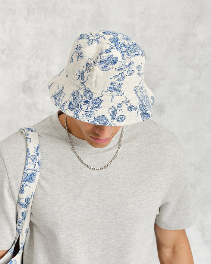 WAX LONDON BUCKET HAT - ECRU/BLUE FLORAL JACQUARD