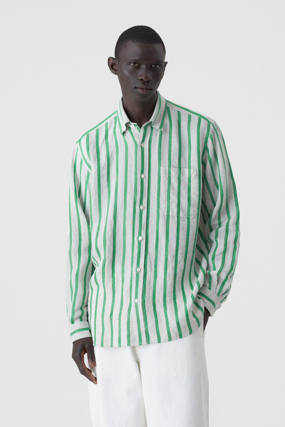 CLOSED MENS LINEN STRIPE SHIRT- GREEN/NATURAL