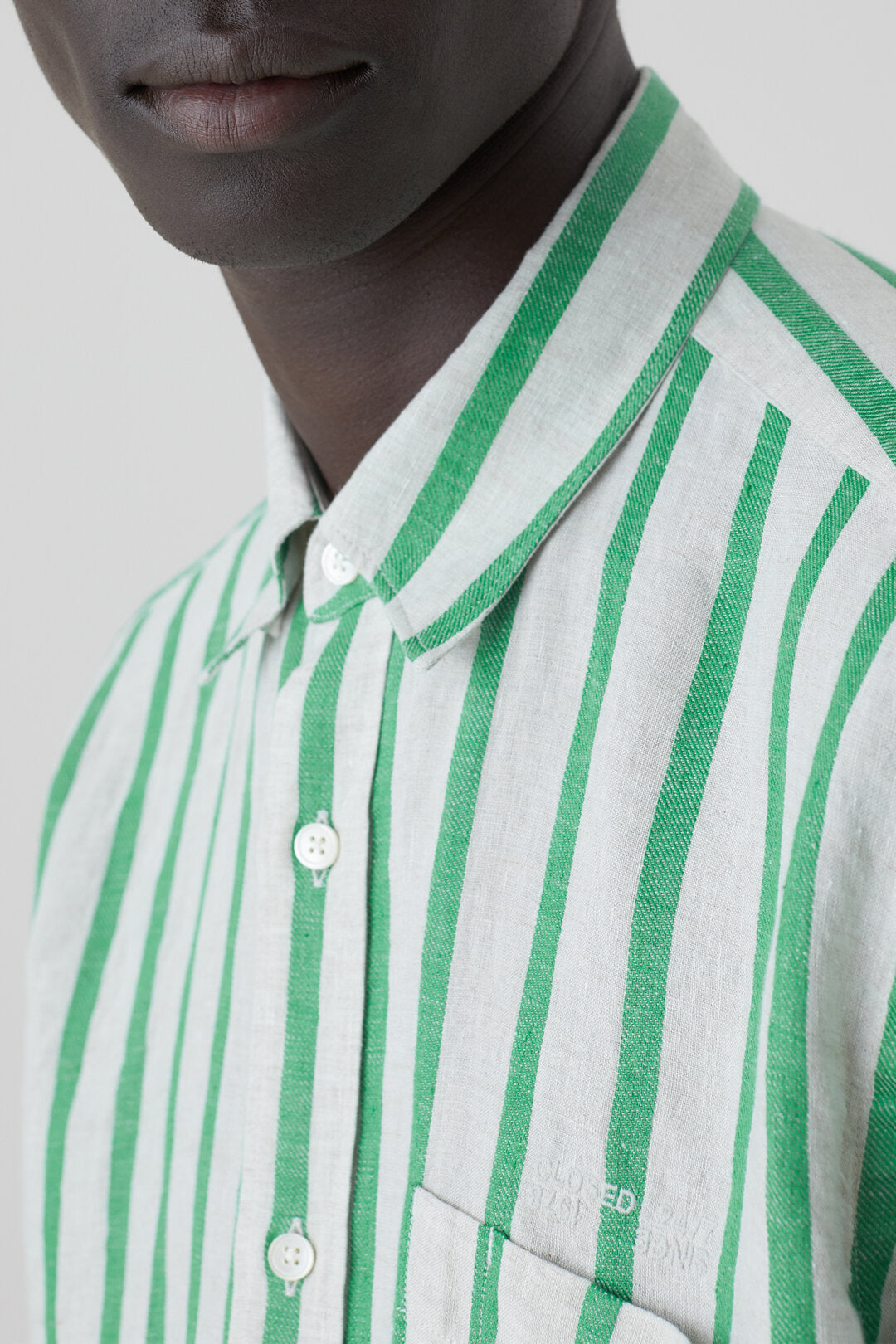 CLOSED MENS LINEN STRIPE SHIRT- GREEN/NATURAL