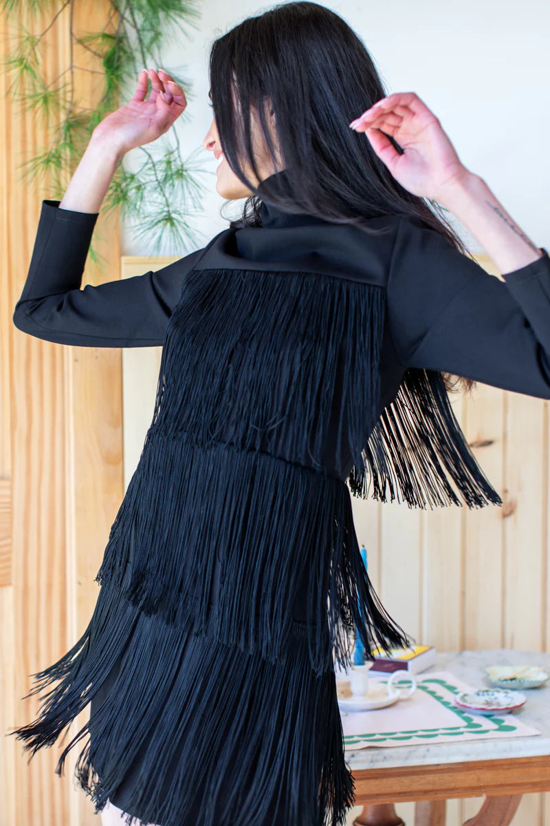 EMERSON FRY SHORT FRINGE DRESS - BLACK PONTE