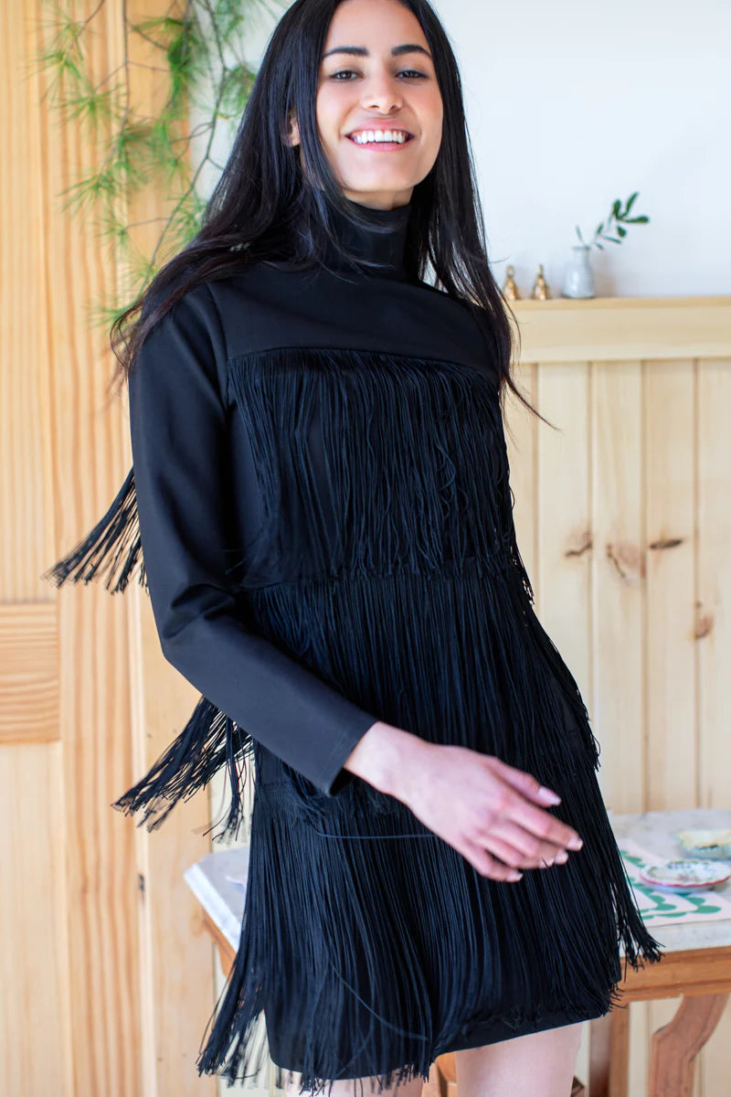 EMERSON FRY SHORT FRINGE DRESS - BLACK PONTE