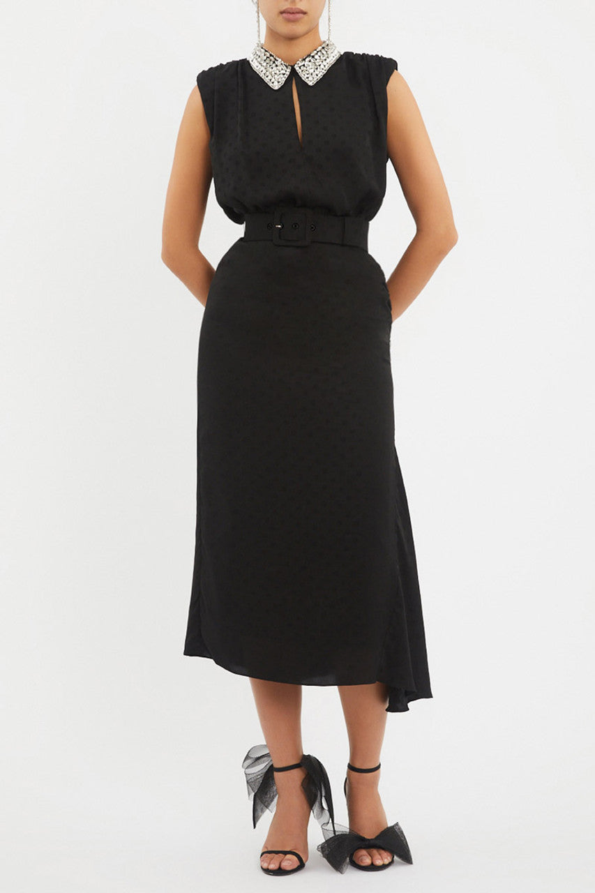 REBECCA VALLANCE LORRAINE COLLAR MIDI DRESS - BLACK