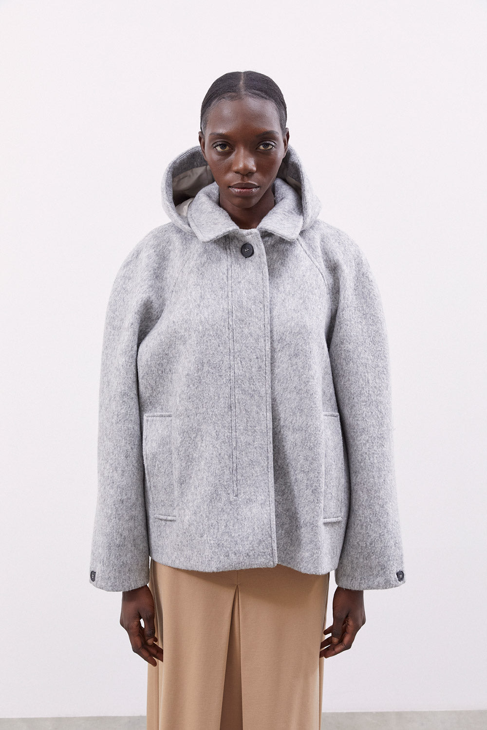 MEIMEIJ WOOL COAT W/ DETACHABLE HOOD MAC1CT-HEATHER GREY