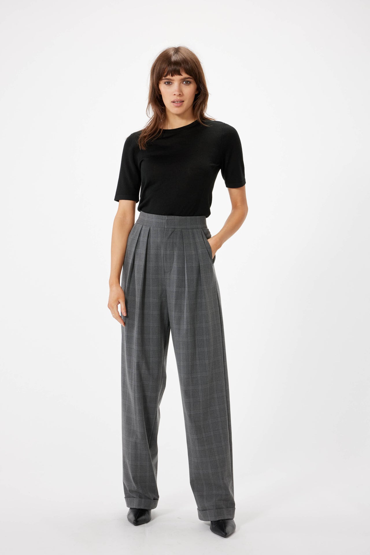 RUE SOPHIE DOUBLE PLEAT TROUSER - GREY PLAID