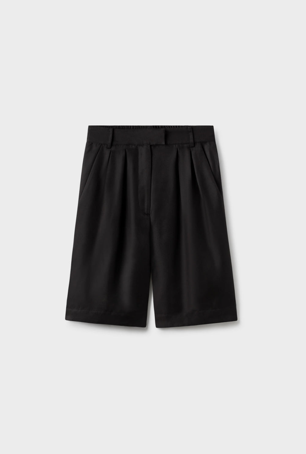 SILK LAUNDRY TWILL DOUBLE PLEATED SHORTS - BLACK