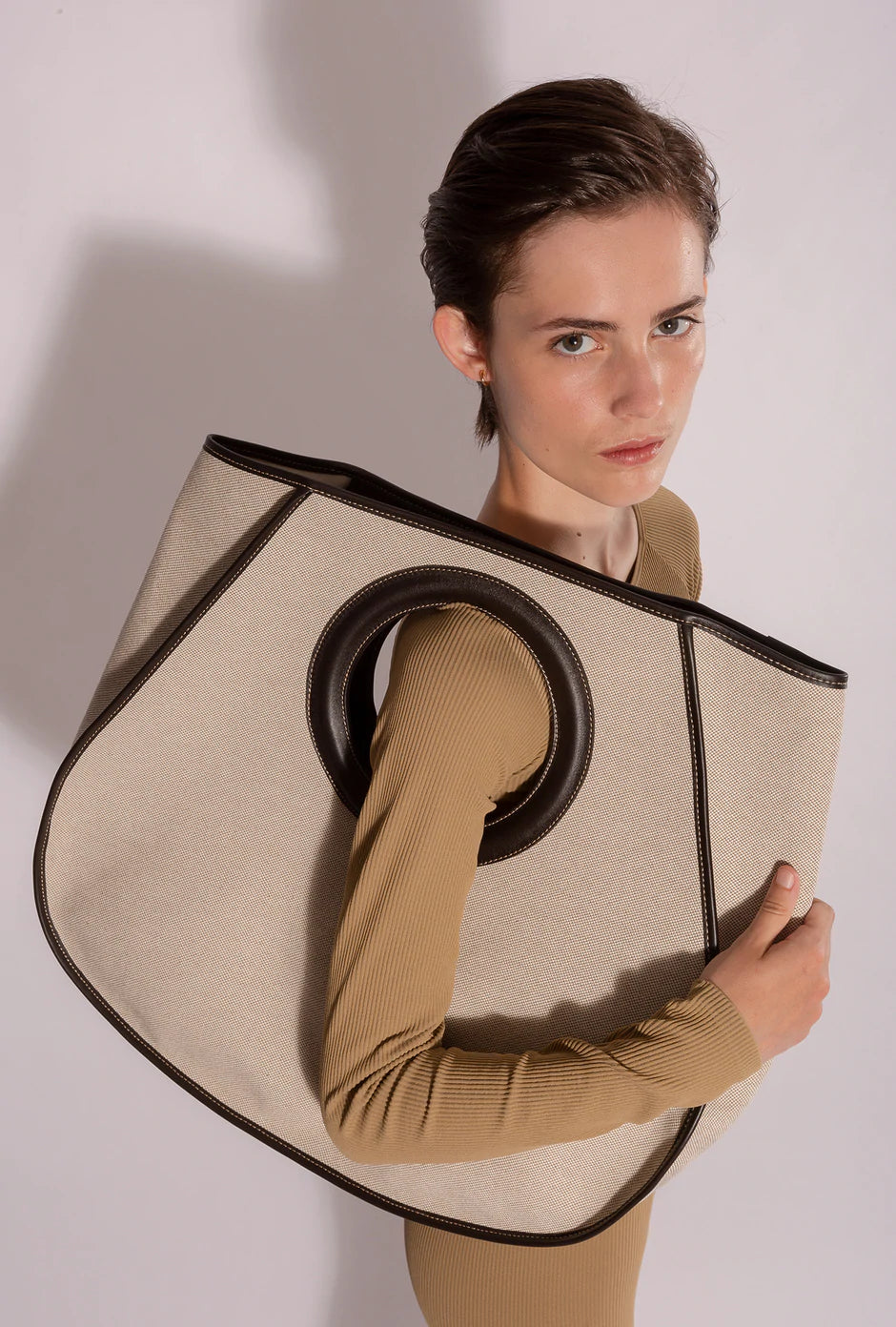 HEREU RODA L CANVAS TOTE BAG - BEIGE/ DARK BROWN