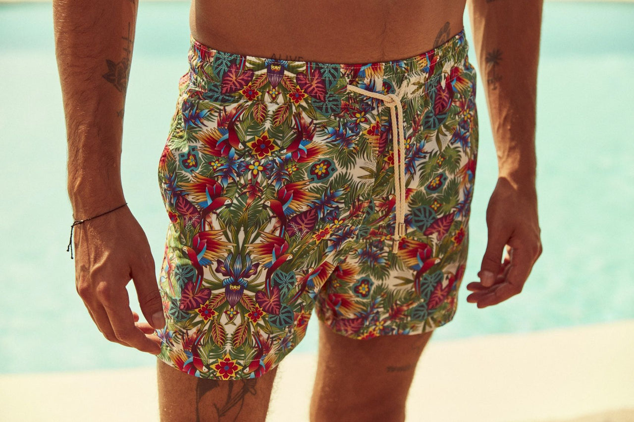 ARRELS BARCELONA SWIM SHORTS - WHITE GUACAMAYO x CATALINA ESTRADA