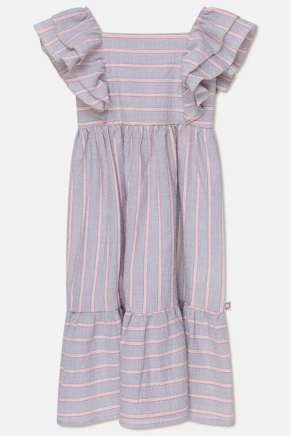 MY LITTLE COZMO SEERSUCKER STRIPE RUFFLE DRESS