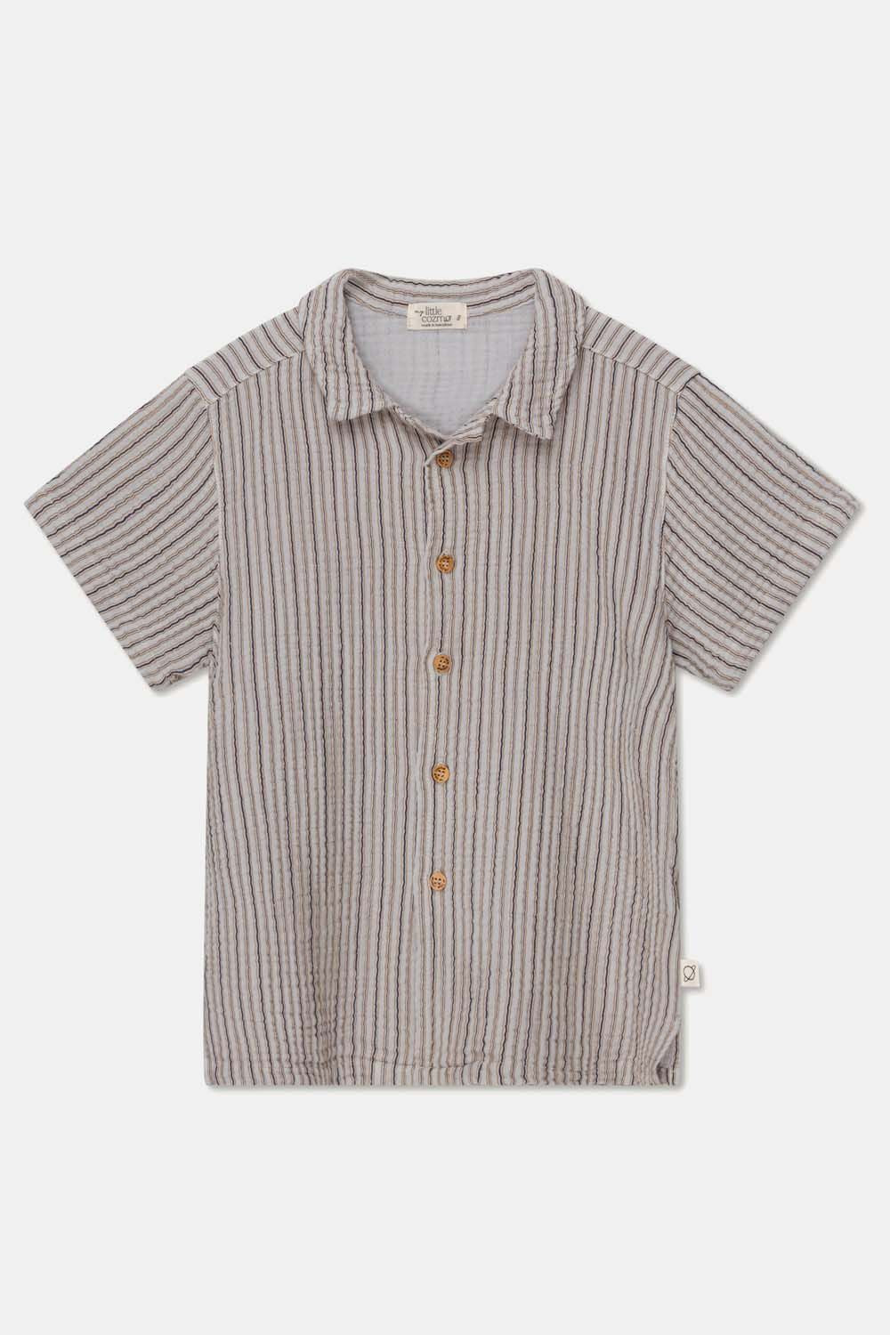 MY LITTLE COZMO GAUZE STRIPE CAMP SHIRT - SOFT GREY