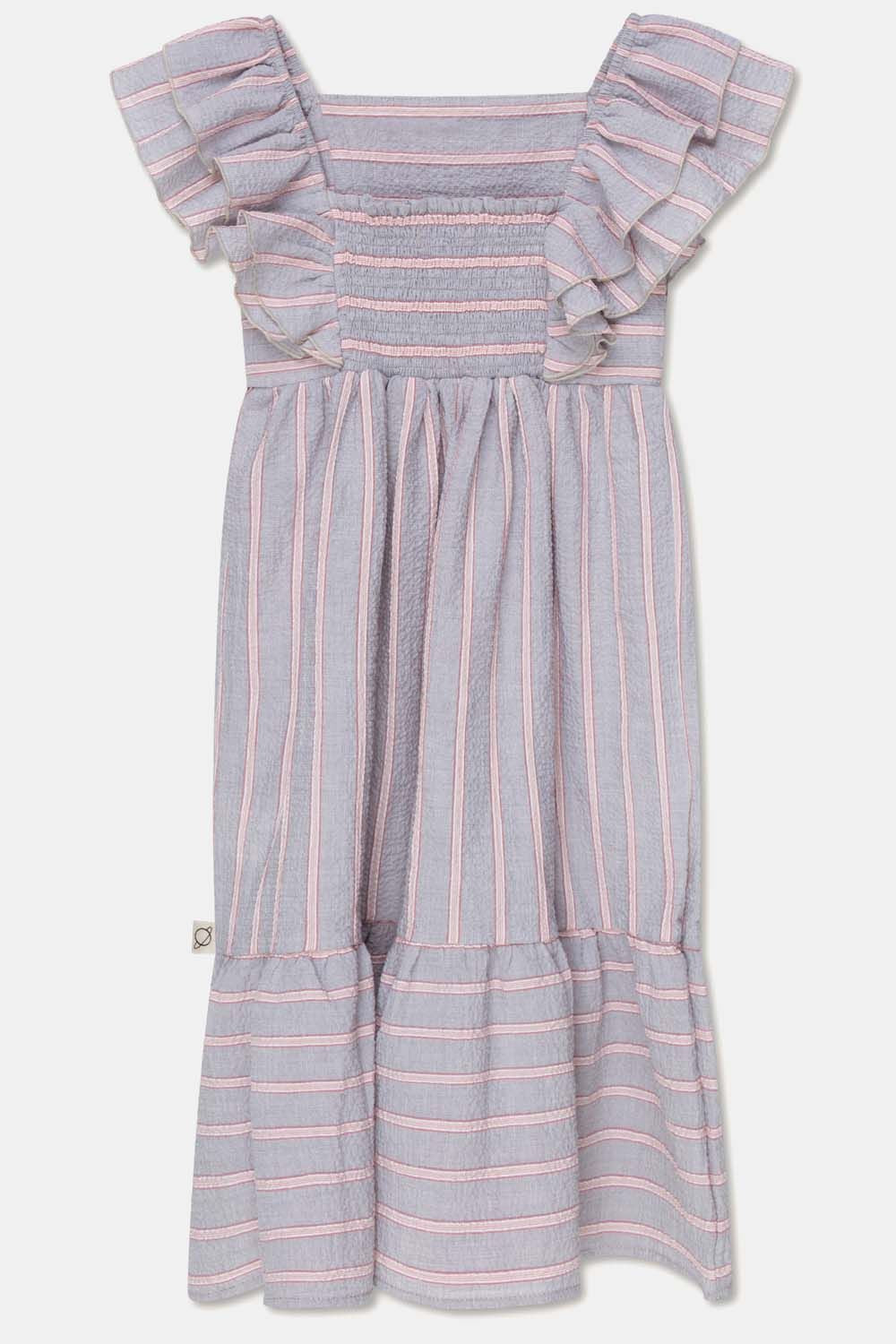 MY LITTLE COZMO SEERSUCKER STRIPE RUFFLE DRESS